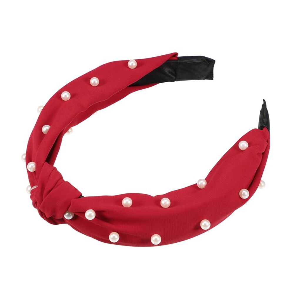 Satin Knotted Pearl Headband Hairband Red 1.1 Inch Wide